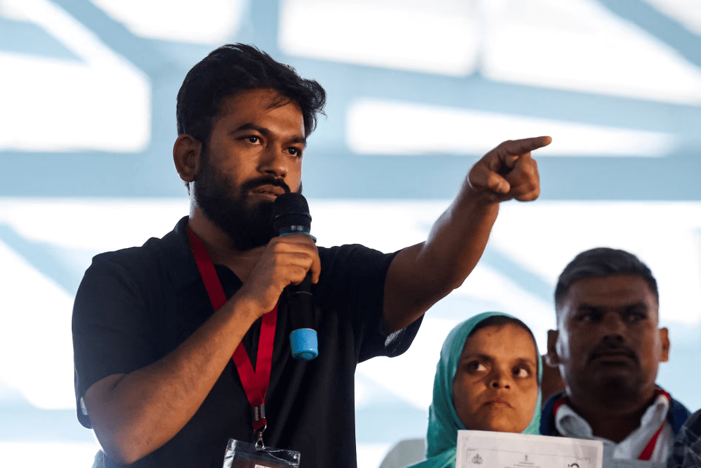 Abhijeet Dipke, founder of the Cockroach Janta Party (CJP), addresses his supporters during a protest demanding resignation of India's Chief Election Commissioner Gyanesh Kumar, in Bengaluru, India, October 8, 2026. REUTERS/Priyanshu Singh/File Photo 