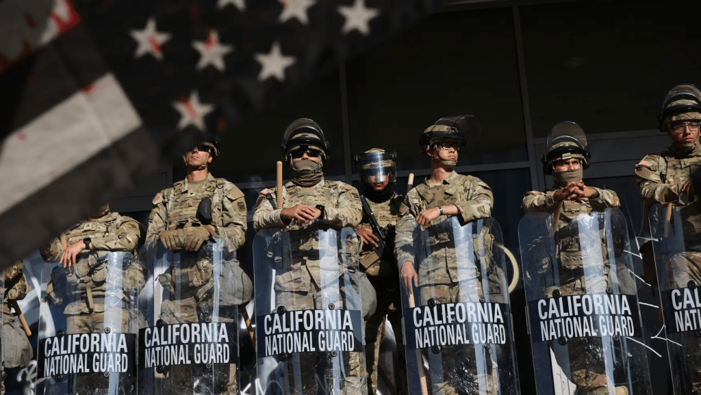 National Guard soldiers are posted near an entrance to the Federal Building in Los Angeles during a demonstration in response to a series of United States Immigration and Customs Enforcement (ICE) raids throughout the country, on Tuesday, June 10, 2025. (Gabrielle Lurie/San Francisco Chronicle via AP)