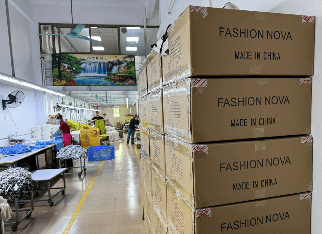 Boxes of clothing for export are pictured at a clothing factory in Guangzhou, Guangdong province, China April 1, 2025. REUTERS/Sophie Yu/File Photo 