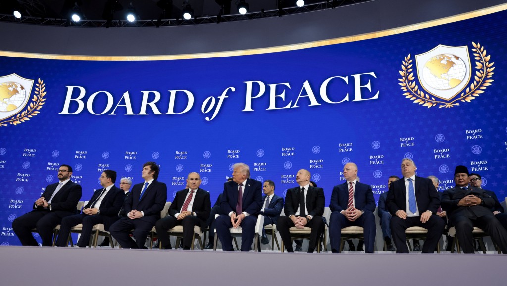 U.S. President Donald Trump sits with Argentina's President Javier Milei, Armenia's Prime Minister Nikol Pashinyan, Hungary's Prime Minister Viktor Orban and others during a charter announcement for Trump's Board of Peace initiative aimed at resolving global conflicts, alongside the 56th annual World Economic Forum (WEF), in Davos, Switzerland, January 22, 2026. (Reuters)