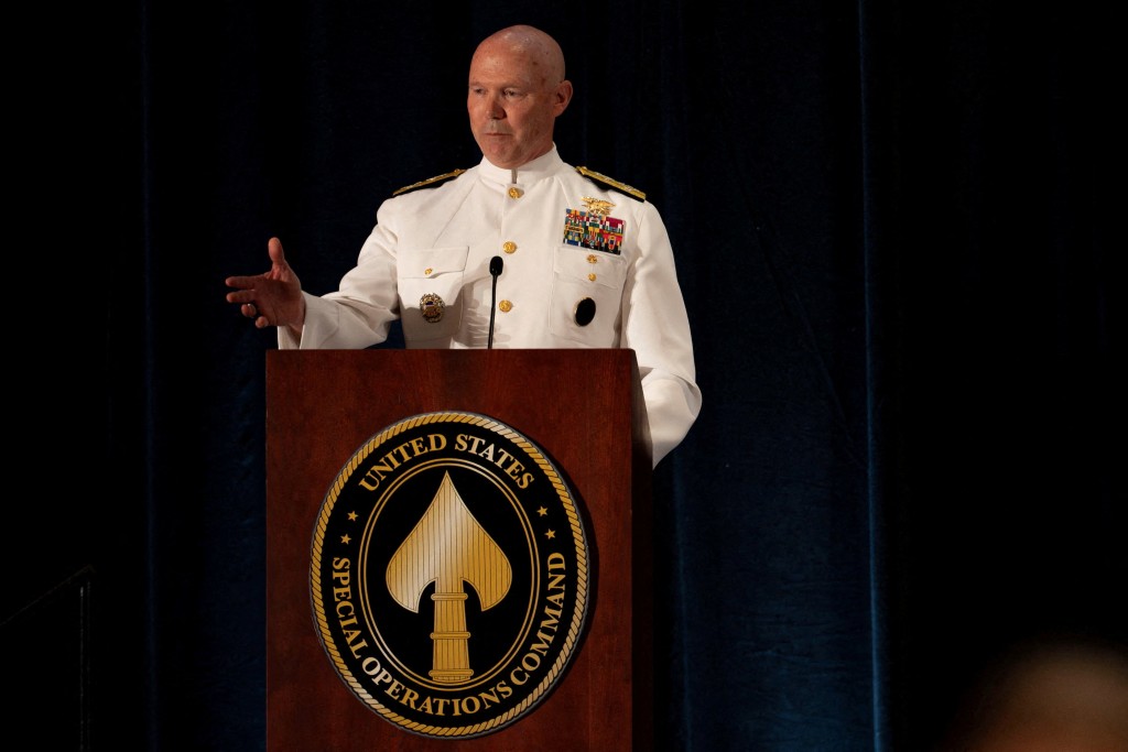 U.S. Navy Admiral Frank "Mitch" Bradley, incoming commander, U.S. Special Operations Command, delivers remarks during the USSOCOM Change of Command Ceremony in Tampa, Florida, U.S. October 3, 2025. Airman 1st Class Monique Stober/U.S. Special Operations Command/Handout via REUTERS