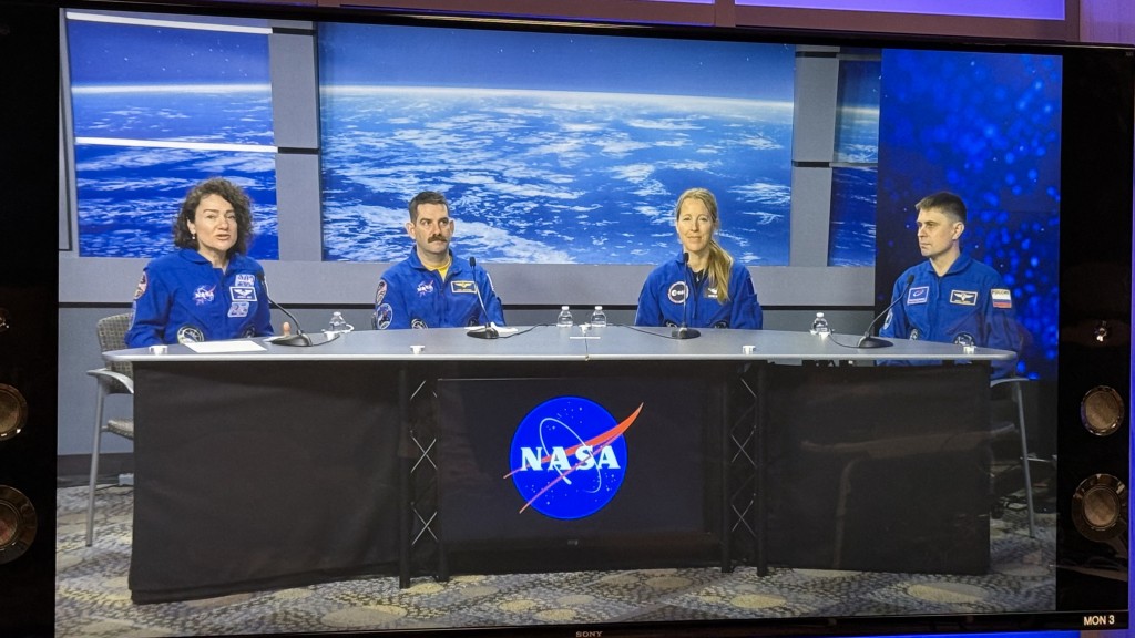(FILES) (L/R) The crew-12 NASA astronauts Jessica Meir and Jack Hathaway, ESA (European Space Agency) astronaut Sophie Adenot, and Roscosmos cosmonaut Andrey Fedyaev are seen on a TV screen during a press conference for SpaceX Crew-12 Mission at the International Space Station at the Johnson Space Center in Houston, Texas, on January 30, 2026. (Photo by Moisés ÁVILA / AFP)