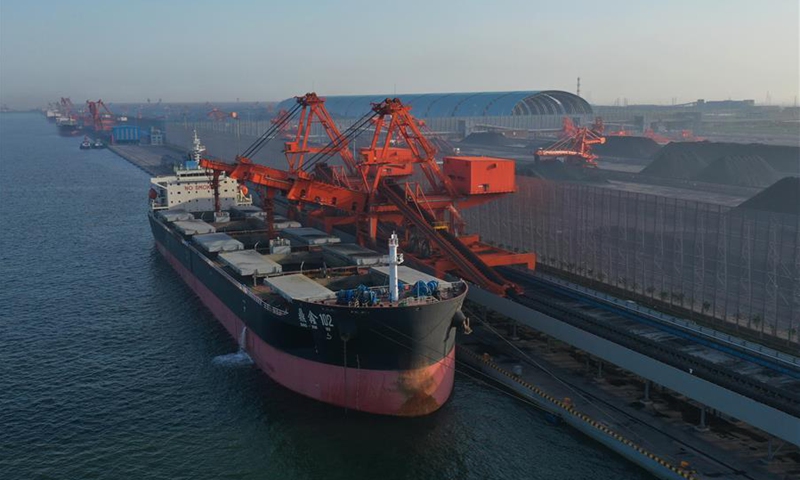 Aerial photo taken on May 22, 2020 shows a bulk carrier loading at a newly built coal berth of Caofeidian Port in Tangshan, northern Hebei province. Aerial photo taken on May 22, 2020 shows a bulk carrier loading at a newly built coal berth of Caofeidian Port in Tangshan, northern Hebei province.