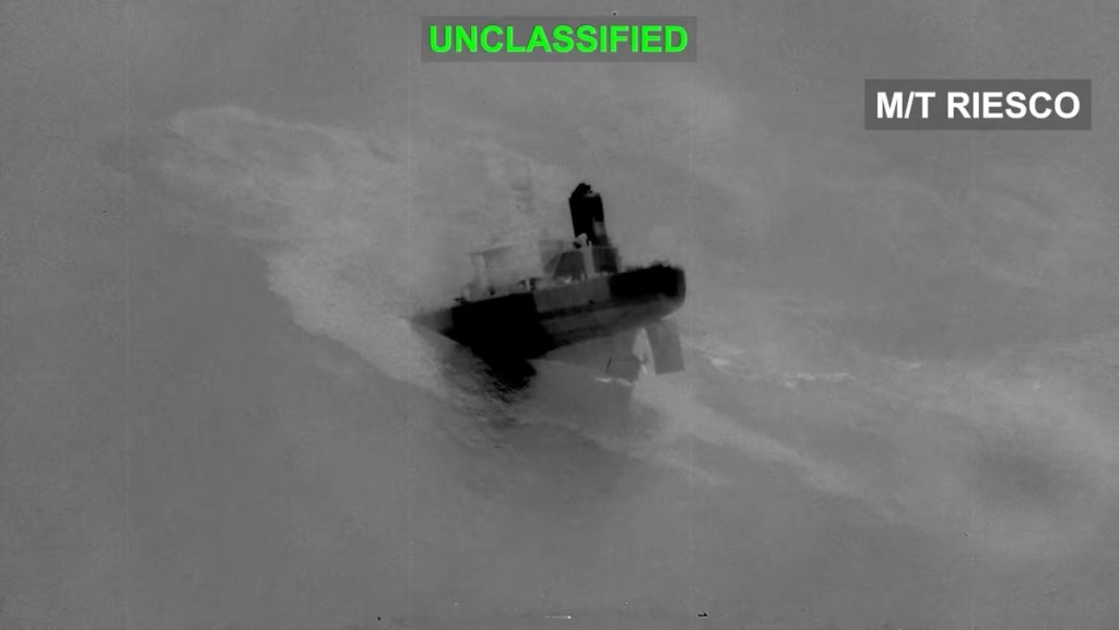 An Iranian crude oil carrier identified as M/T Riesco sinks after being struck, which U.S. Central Command says it targeted after attempted Iranian missile attacks on a U.S. Navy warship over the past two days, at a location given as the Gulf of Oman, in this still image taken from video released September 8, 2026. U.S. Central Command/Handout via REUTERS