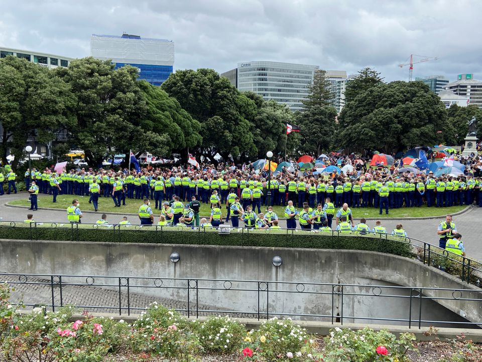 Anti-vaccine mandate protesters gather to demonstrate in front of the parliament in Wellington, New Zealand. (Reuters) Anti-vaccine mandate protesters gather to demonstrate in front of the parliament in Wellington, New Zealand. (Reuters)