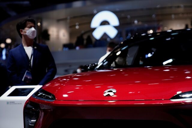 A Nio electric vehicle (EV) is seen displayed during a media day for the Auto Shanghai show in Shanghai, China April 19, 2021. REUTERS/Aly Song