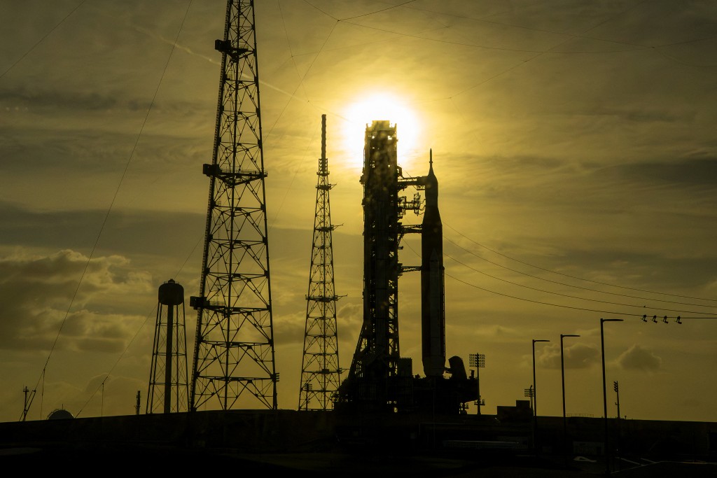 Photo by JIM WATSON / AFP  NASA's Artemis II Space Launch System rocket and Orion spacecraft rest on Launch Pad 39B at Kennedy Space Center in Cape Canaveral, Florida, on March 31, 2026, ahead of the crewed lunar mission.