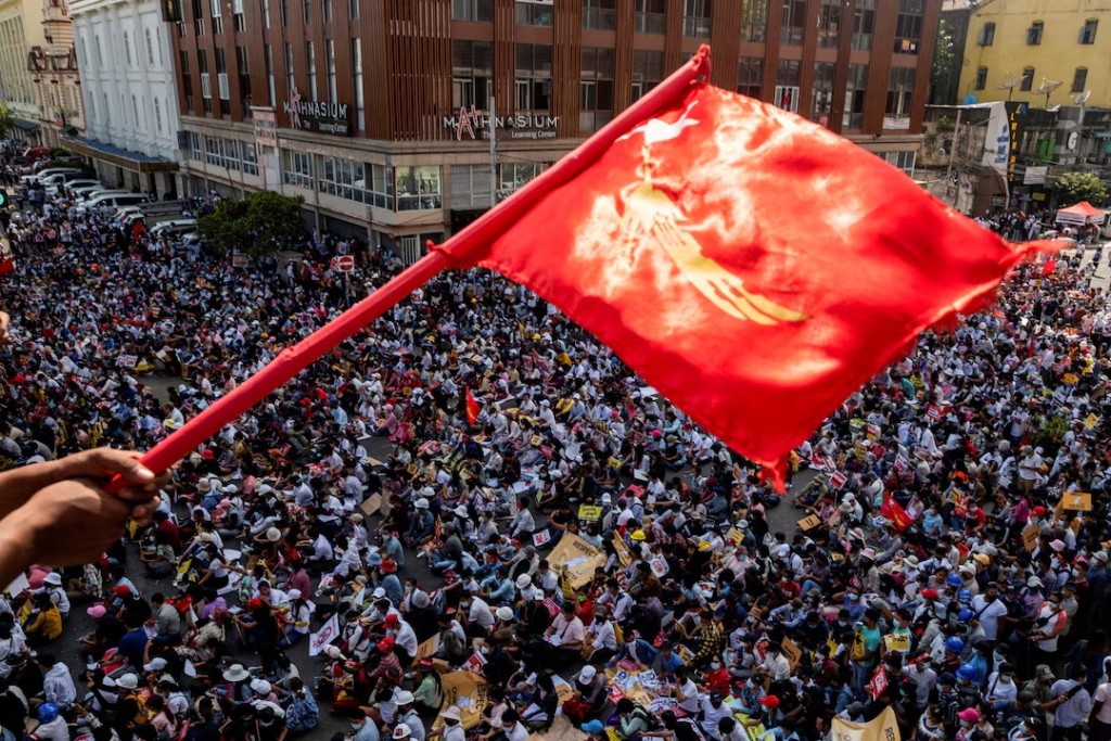 Demonstrators protest against the military coup in Yangon, Myanmar, February 17, 2021. REUTERS/Stringer/File Photo 