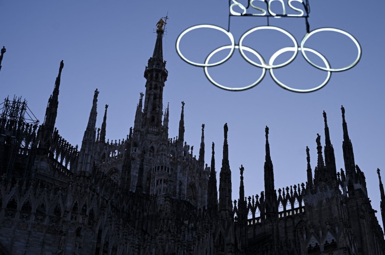 Olympic rings are illuminated in Piazza Duomo ahead of the Milan-Cortina Olympic Games. AFP