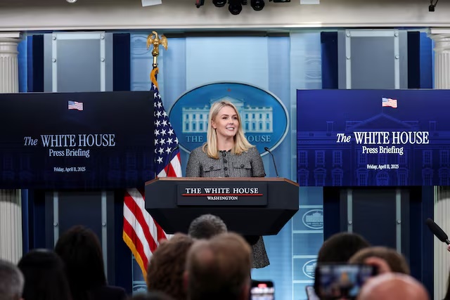 White House Press Secretary Karoline Leavitt speaks to members of the media, in the briefing room at the White House in Washington, D.C., U.S., April 11, 2025. REUTERS/Kevin Mohatt/File Photo 