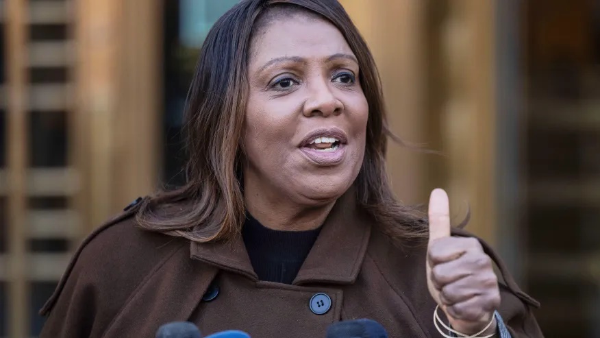 FILE – New York Attorney General Letitia James speaks during a news conference outside Manhattan federal court, Feb. 14, 2025, in New York. (AP Photo/Yuki Iwamura, File)