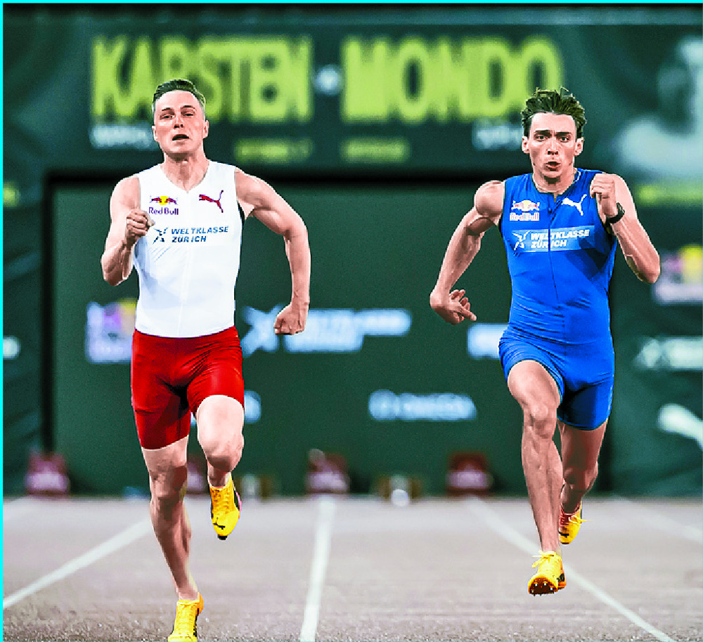 Mondo Duplantis races to a wire-to-wire victory over Karsten Warholm, left. AP Mondo Duplantis races to a wire-to-wire victory over Karsten Warholm, left. AP