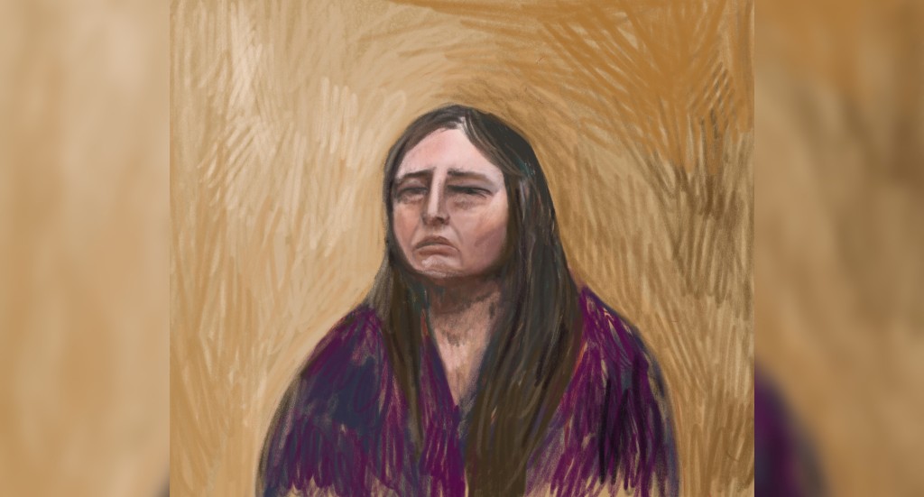 A court sketch drawn from a video link shows Erin Patterson, an Australian woman accused of murdering three of her estranged husband's elderly relatives with a meal laced with poisonous mushrooms, appearing as a witness for her own defense. (Reuters)