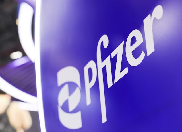 A logo of Pfizer at the company’s booth at the 8th China International Import Expo (CIIE) in Shanghai, China, November 6, 2025.REUTERS/Maxim Shemetov/File Photo 