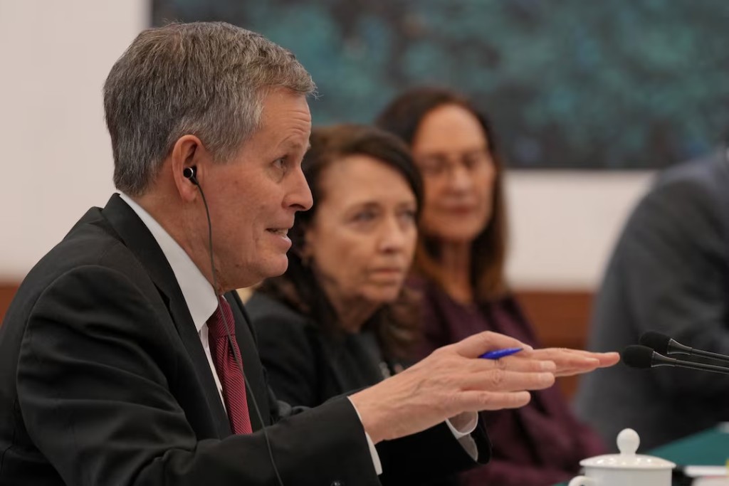 U.S. Senator Steve Daines speaks during a bilateral meeting with Chinese Foreign Minister Wang Yi at the Great Hall of the People, in Beijing, China, May 7, 2026. Andy Wong/Pool via REUTERS 