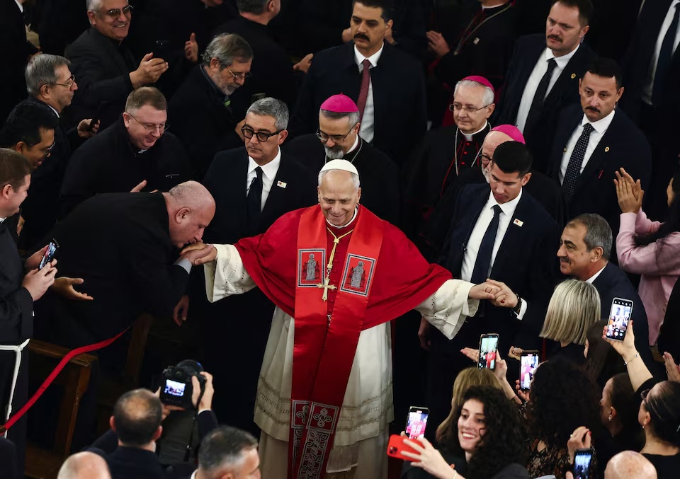 Pope Leo XIV meets with bishops, priests, deacons, consecrated persons, seminarians and pastoral workers at the Catholic Cathedral of the Holy Spirit, known as the St. Esprit Cathedral, during his first apostolic journey, in Istanbul, Turkey, November 28, 2025. REUTERS/Yara Nardi/File Photo