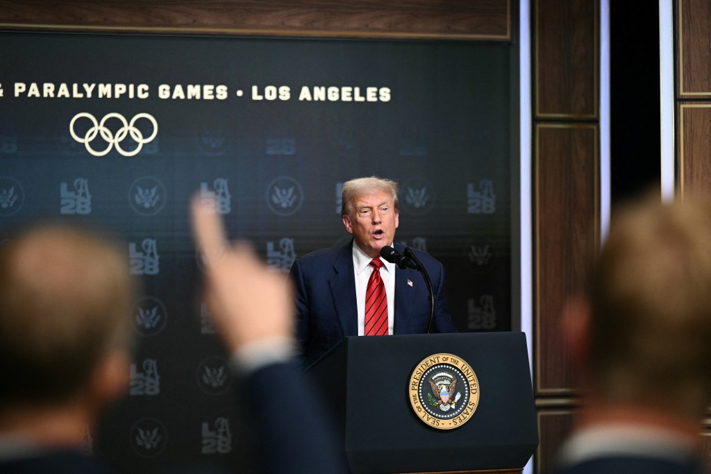 US President Donald Trump speaks after signing an executive order on creating a White House 2028 Olympics task force in the South Court Auditorium of the White House in Washington, DC, on August 5, 2025. (Photo by Brendan SMIALOWSKI / AFP)