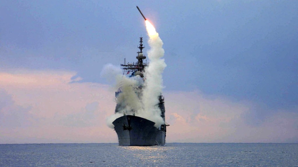 A Tomahawk Land Attack Missile is launched from the guided missile cruiser. Reuters
