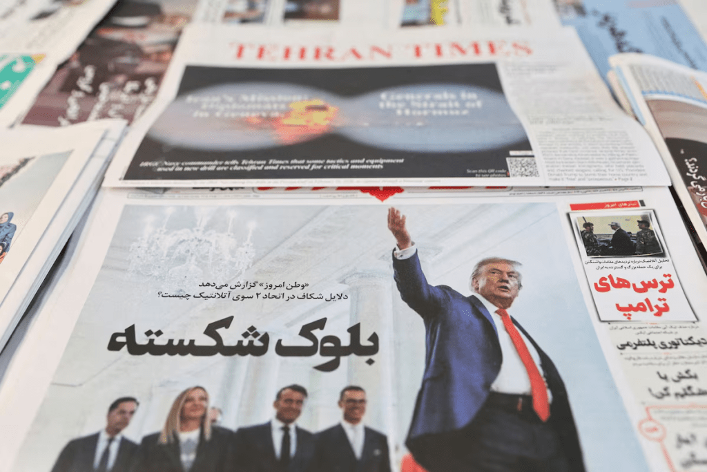 An Iranian newspaper with a cover photo of U.S. President Donald Trump, in Tehran, Iran, February 17, 2026. Majid Asgaripour/WANA (West Asia News Agency) via REUTERS/File Photo