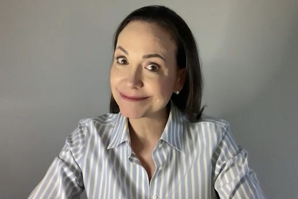 This AFPTV video grab shows Nobel Peace Prize winner and opposition leader Maria Corina Machado speaking from an undisclosed location, during an interview with AFP via Zoom, in Caracas on October 13, 2025.  Photo by - / AFPTV / AFP