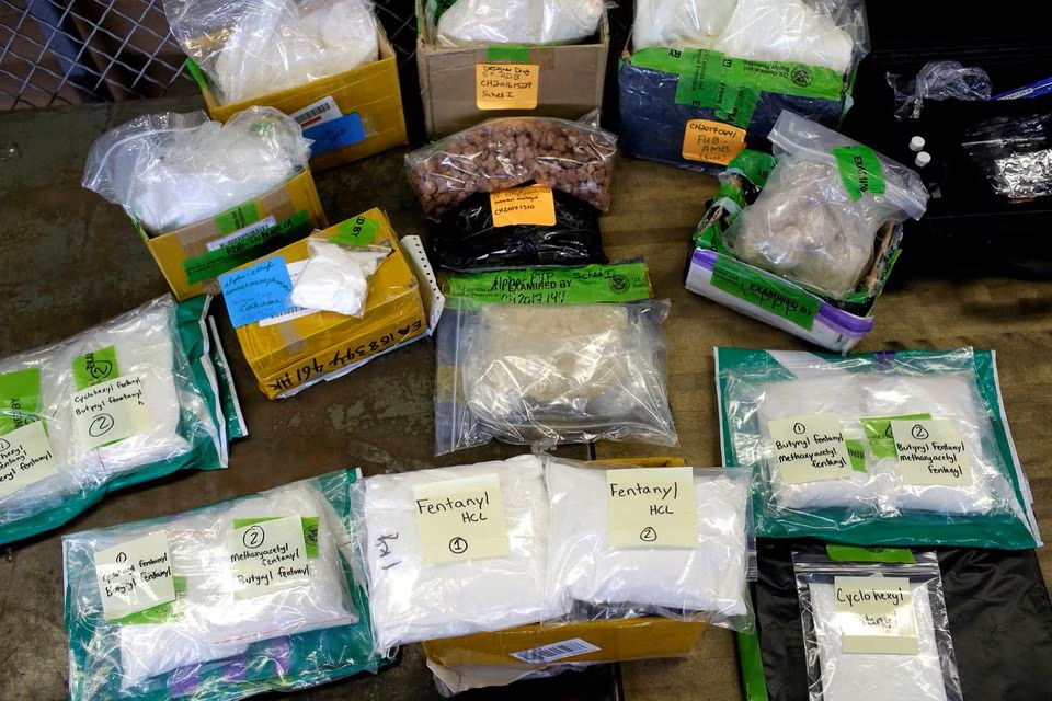 Plastic bags of Fentanyl are displayed on a table at the U.S. Customs and Border Protection area at the International Mail Facility at O'Hare International Airport in Chicago, Illinois, U.S. (Reuters) Plastic bags of Fentanyl are displayed on a table at the U.S. Customs and Border Protection area at the International Mail Facility at O'Hare International Airport in Chicago, Illinois, U.S. (Reuters)