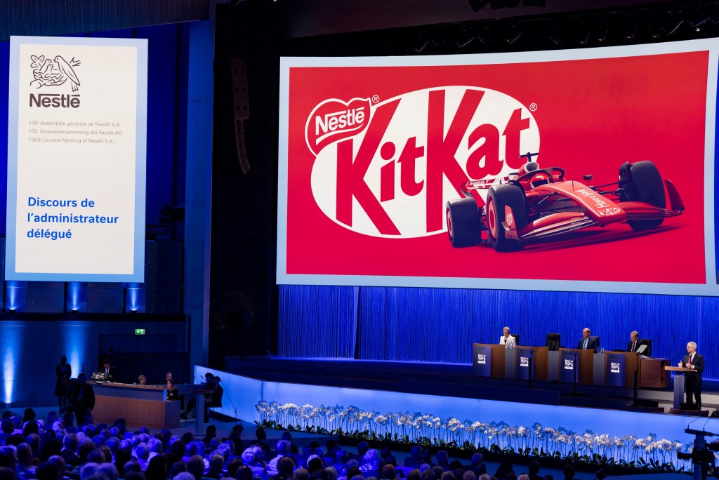 KitKat branding appears onscreen at the company's Annual General Meeting in Ecublens near Lausanne, Switzerland (Reuters)