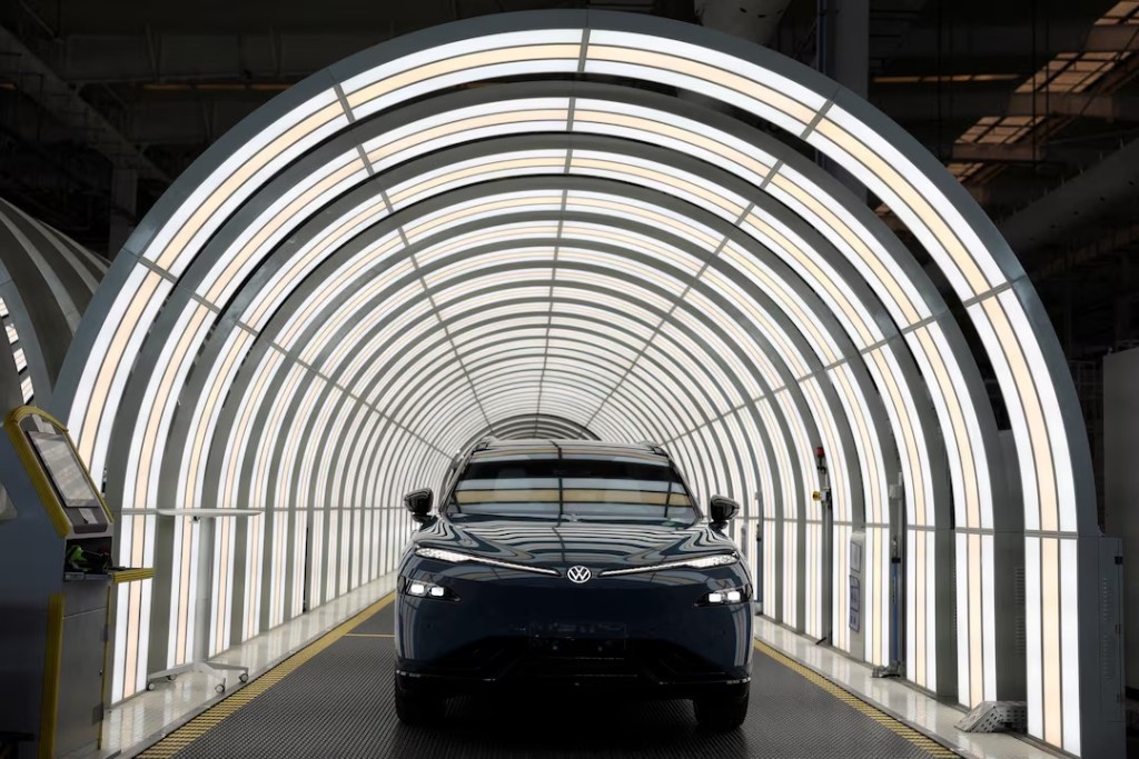 A Volkswagen ID. UNYX 08 electric vehicle (EV) sits on a production line at the Volkswagen Anhui factory in Hefei, Anhui province, China February 4, 2026. REUTERS/Florence Lo/File Photo 