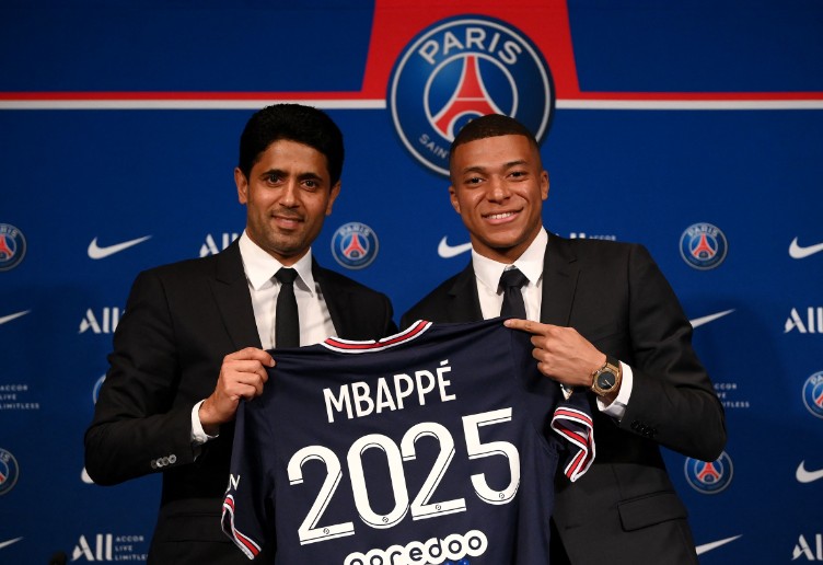 Kylian Mbappe and PSG president Nasser Al-Khelaifi during happier times. AP