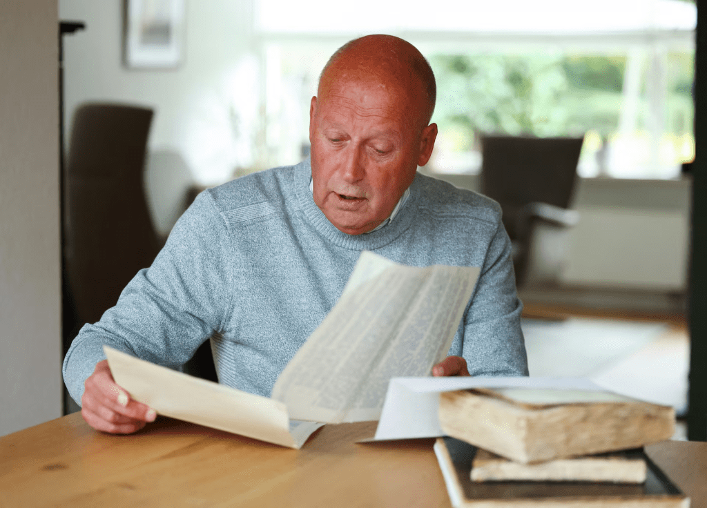 Paul Post, a retired Dutch systems specialist, looks at the war-time diaries of his father, who described working in the Netherlands' diamond bureau during the Nazi occupation, in Driehuis, Netherlands October 6, 2025. REUTERS/Piroschka van de Wouw 