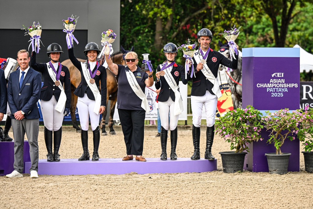 (From left) Clarissa Lyra , Jacqueline Lai , Sheikara Whyte and Patrick Lam won a bronze medal in team jumping.