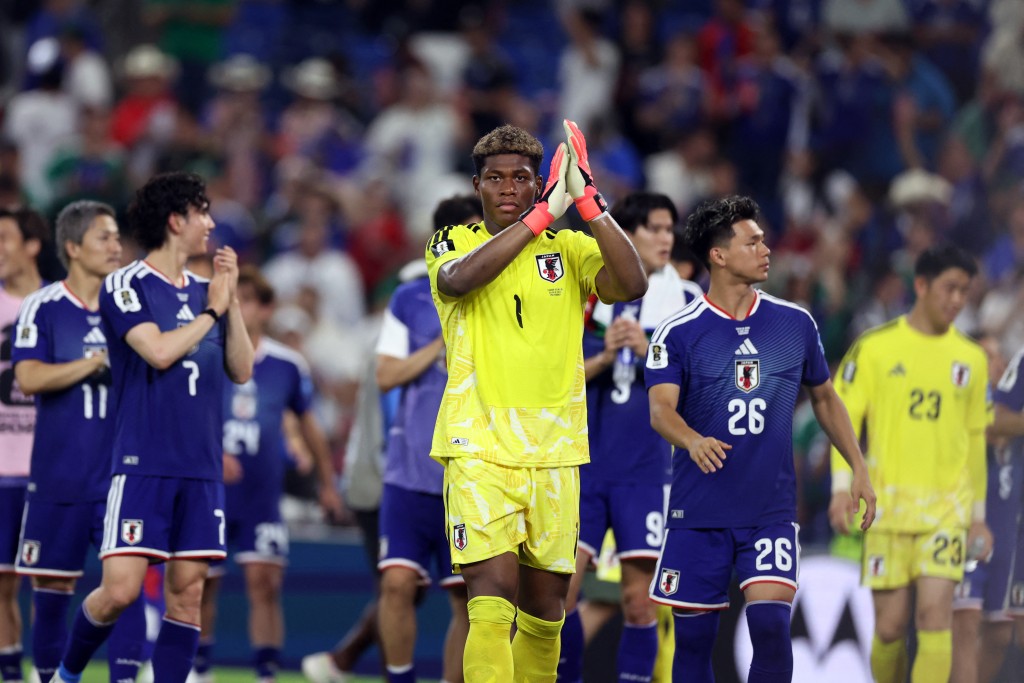 Japan's goalkeeper #01 Zion Suzuki and teammates celebrate at the end of the 2026 World Cup Group F football match between Tunisia and Japan at the Monterrey Stadium in Guadalupe, Mexico, on June 20, 2026. (AFP)