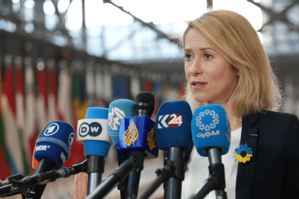 European Union foreign policy chief Kaja Kallas speaks with the media as she arrives for a meeting of EU foreign ministers at the European Council building in Brussels, Monday, Feb. 23, 2026. (AP)