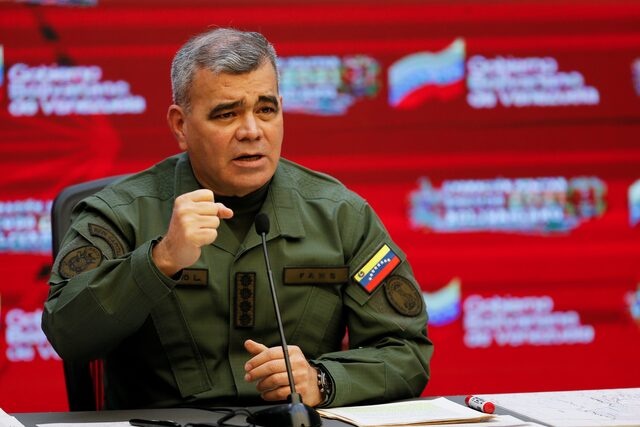 Venezuela's Defense Minister Vladimir Padrino Lopez addresses the media at Miraflores Palace, in Caracas, Venezuela April 5, 2021. REUTERS/Manaure Quintero/File Photo 
