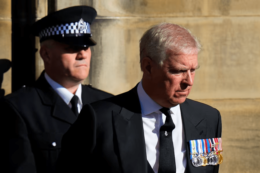 FILE - Prince Andrew leaves St. Giles Cathedral after the arrival of the coffin containing the remains of his mother Queen Elizabeth, in Edinburgh, Scotland, Sept. 12, 2022. (AP Photo/Petr David Josek, File)