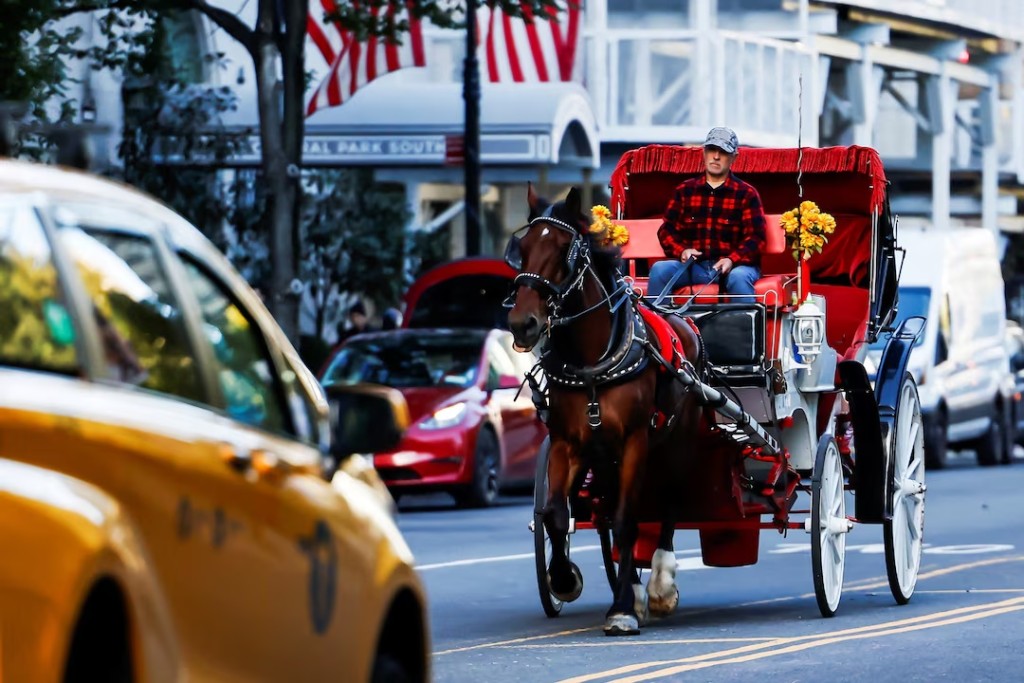 A horse pulls a carriage through traffic at 59th Street in New York City, US, October 21, 2026. REUTERS/Eduardo Munoz