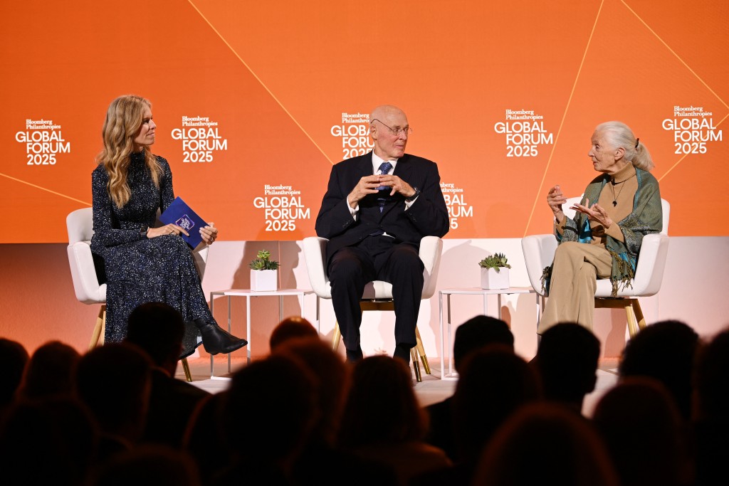 (L-R) Antha Williams, Henry M. Paulson Jr. and Jane Goodall speak onstage at the Bloomberg Philanthropies Global Forum 2025 at The Plaza Hotel on September 24, 2025 in New York City. Bryan Bedder/Getty Images for Bloomberg Philanthropies/AFP (Photo by Bryan Bedder / GETTY IMAGES NORTH AMERICA / Getty Images via AFP)