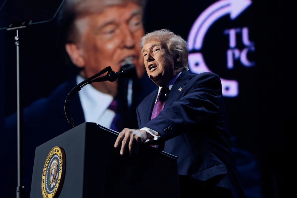 U.S. President Donald Trump speaks during a Turning Point USA event at Dream City Church in Phoenix, Arizona, U.S., April 17, 2026. REUTERS/Evan Vucci