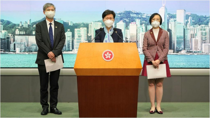 Outgoing Chief Executive Carrie Lam (center) speaks to media on Friday, June 17, 2022. Outgoing Chief Executive Carrie Lam (center) speaks to media on Friday, June 17, 2022.