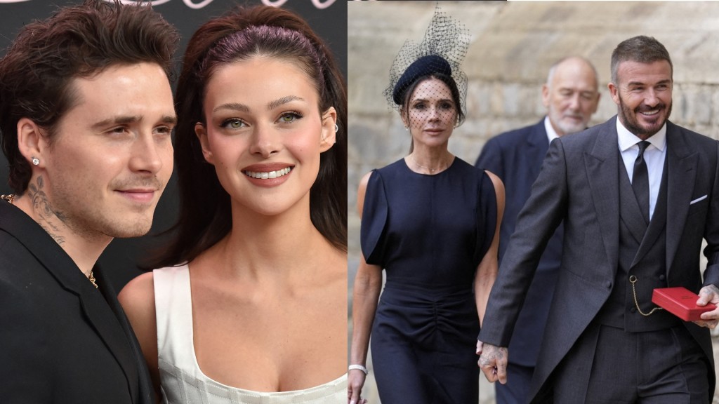 Brooklyn Beckham and wife Nicola Peltz Beckham (left)