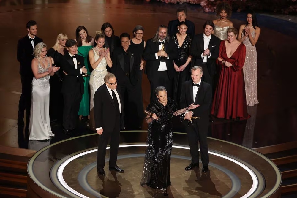 Director Christopher Nolan and Producers Emma Thomas and Charles Roven win the Oscar for Best Picture for ‘Oppenheimer’ during the Oscars show at the 96th Academy Awards in Hollywood, Los Angeles, California, U.S., March 10, 2024. (REUTERS/Mike Blake)