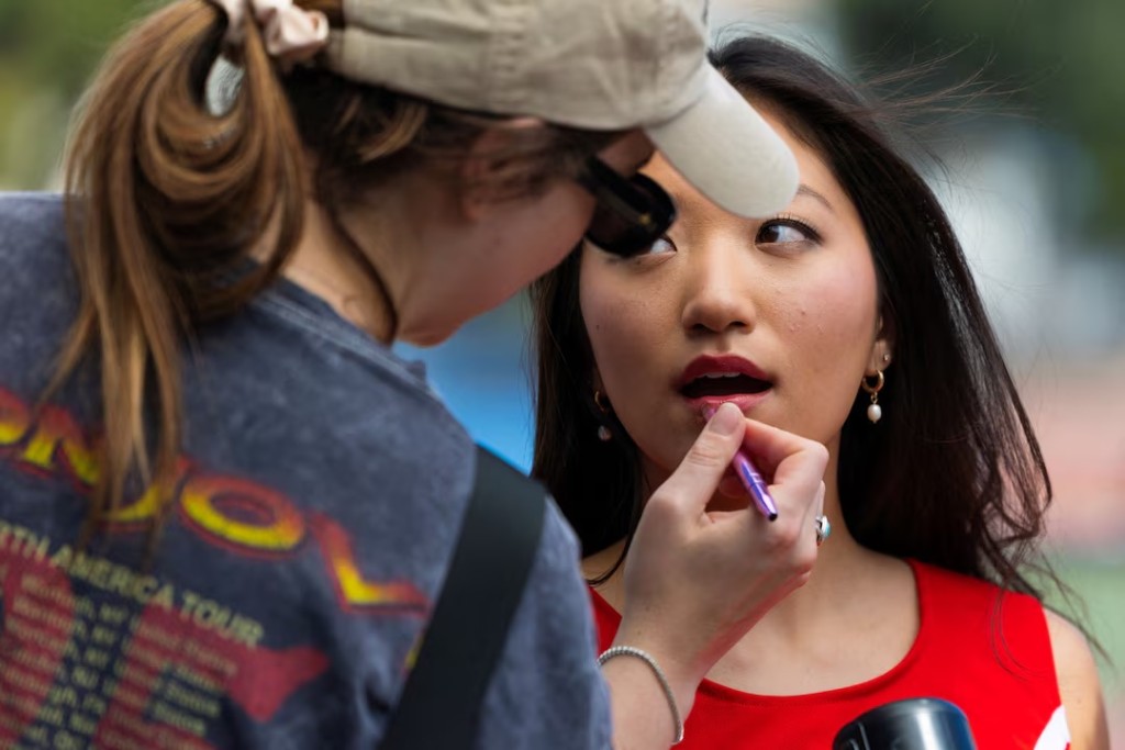 Actor Isabel Feldman has some make-up applied during the filming of a CandyJar microdrama at a high school in Los Angeles, California, U.S. July 7, 2026. REUTERS/Mike Blake