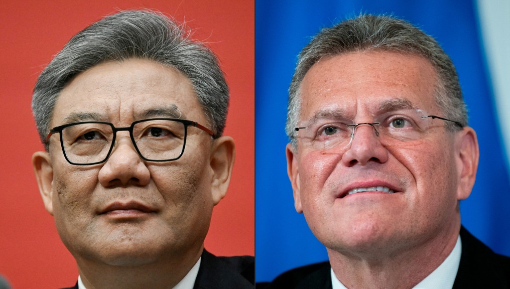 Photo by PEDRO PARDO / AFP  This combination of pictures created on June 26, 2026 shows files pictures of China’s Minister of Commerce Wang Wentao (L) attending a press conference of the Central Committee of the Communist Party of China (CPC) in Beijing on October 24, 2025 and European Union Trade Commissioner Maros Sefcovic