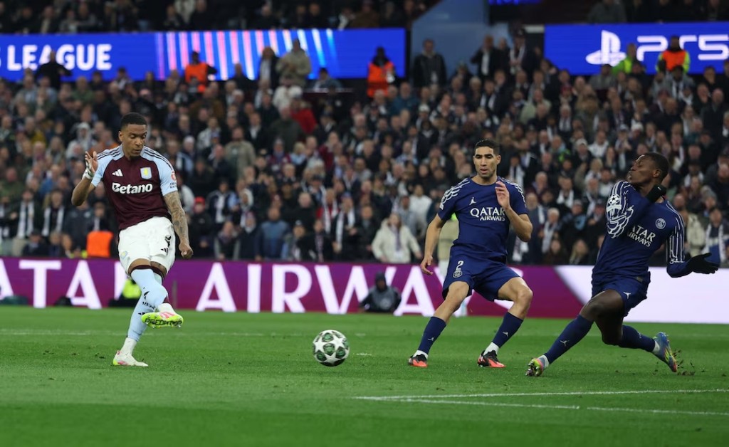 Aston Villa's Ezri Konsa scores their third goal. (Reuters)