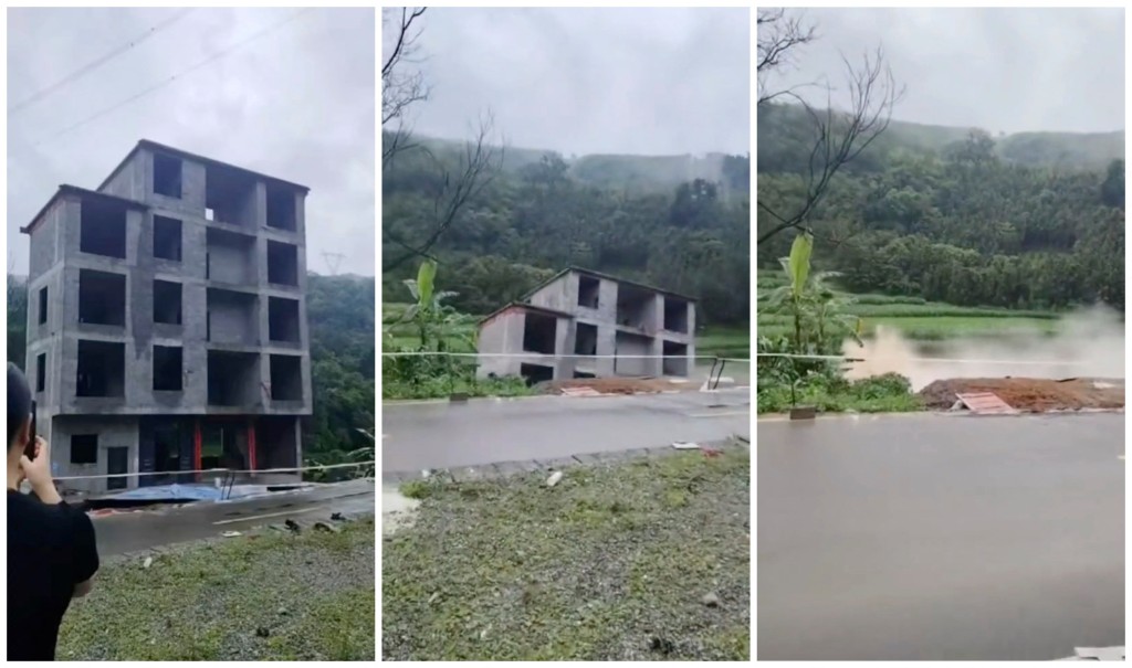 A combination picture shows (left) a view of a building under construction as it collapses, (centre) the building under construction collapsing, (right) and dust rising from the ground following the collapse of the building under construction after the ground beneath it gives way following flooding of the Lengshui River, which flows through Xinzhou town, in Guangxi Zhuang Autonomous Region, China. (Reuters)