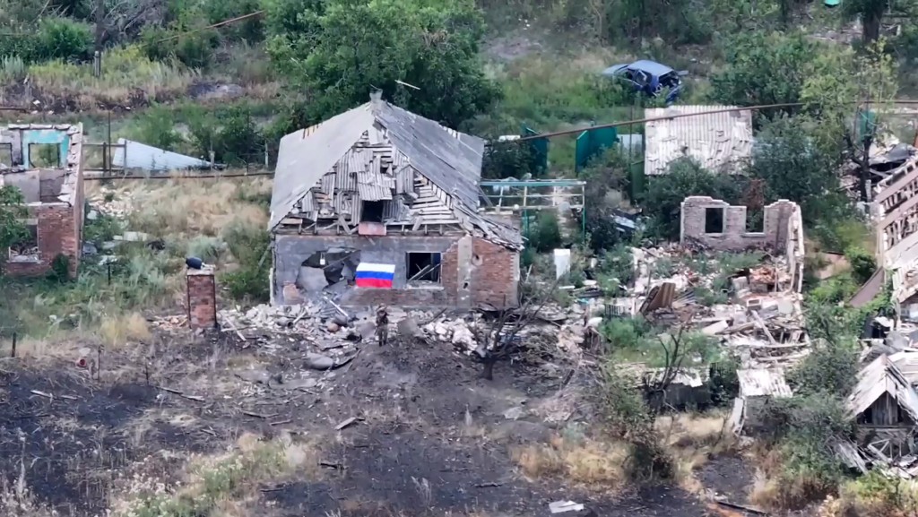 This grab from a handout aerial footage released by the Russian Defence Ministry on July 31, 2025, shows what it said is the town of Chasiv Yar in east Ukraine.  (Photo by Handout / Russian Defence Ministry / AFP)