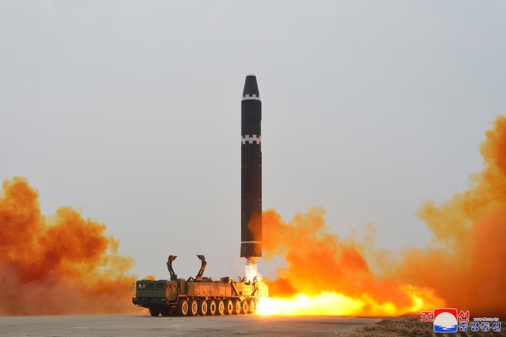 A Hwasong-15 intercontinental ballistic missile (ICBM) is launched at Pyongyang International Airport, in Pyongyang, North Korea February 18, 2023 in this photo released by North Korea's Korean Central News Agency (KCNA). KCNA via REUTERS