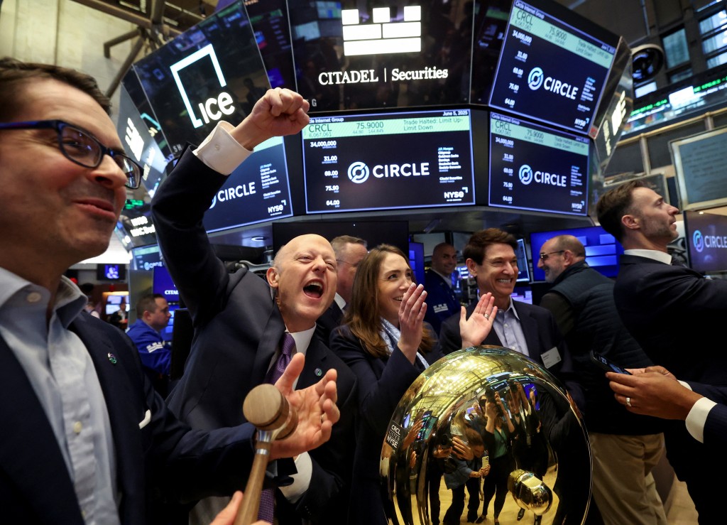 Jeremy Allaire, CEO and co-founder of Circle Internet Group, the issuer of one of the world's biggest stablecoins, reacts to the price of first trade, on the day of the company's IPO, at the New York Stock Exchange (NYSE), in New York City, U.S., June 5, 2025.  REUTERS