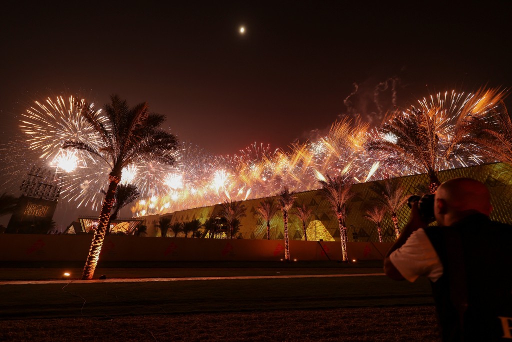 Fireworks illuminate the sky during the opening ceremony of the Grand Egyptian Museum (GEM), near the Giza pyramid complex, in Giza, Egypt, November 1, 2025. (Reuters)