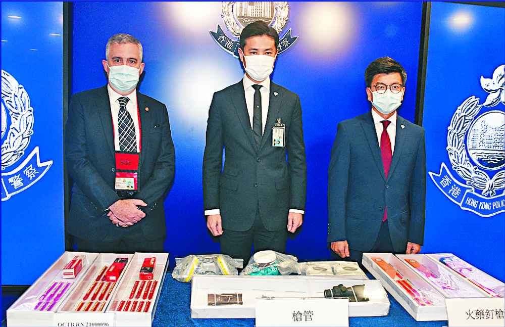 Police display the materials they confiscated. SING TAO Police display the materials they confiscated. SING TAO