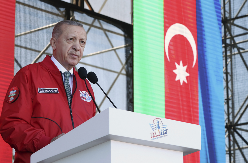 Turkey's President Recep Tayyip Erdogan speaks at a Turkish Technology and Aviation festival, held abroad for the first time, in Baku, Azerbaijan, Saturday, May 28, 2022. Turkey's President Recep Tayyip Erdogan speaks at a Turkish Technology and Aviation festival, held abroad for the first time, in Baku, Azerbaijan, Saturday, May 28, 2022.